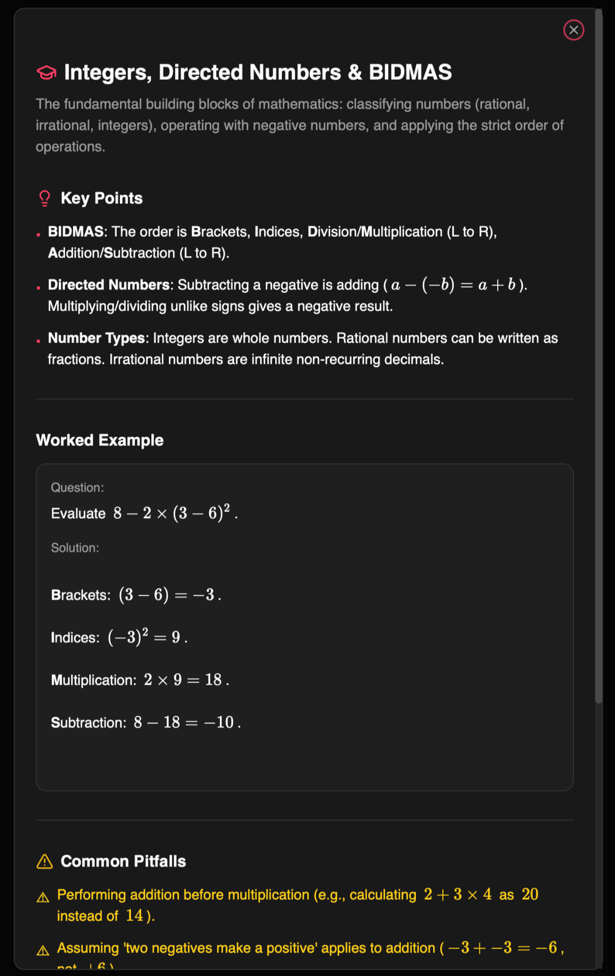 AI Tutor explainer showing BIDMAS worked example with key points and common pitfalls