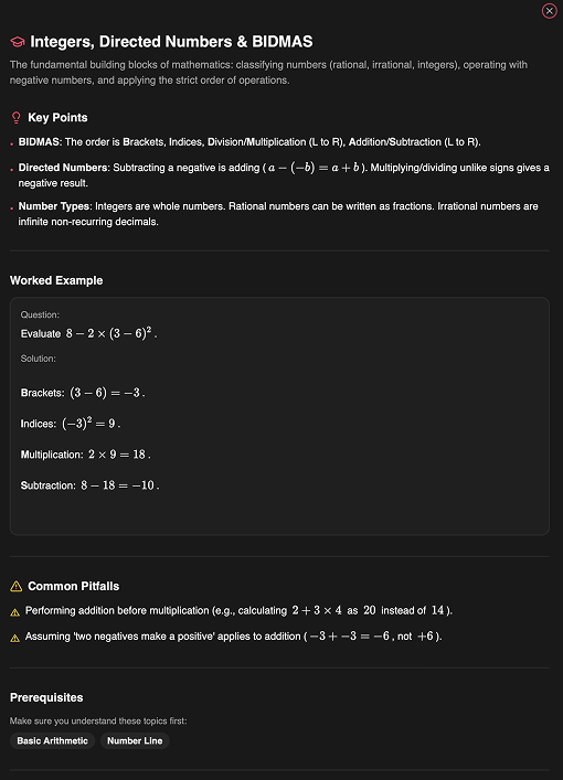 AI Tutor explaining integers, directed numbers and BIDMAS with worked examples