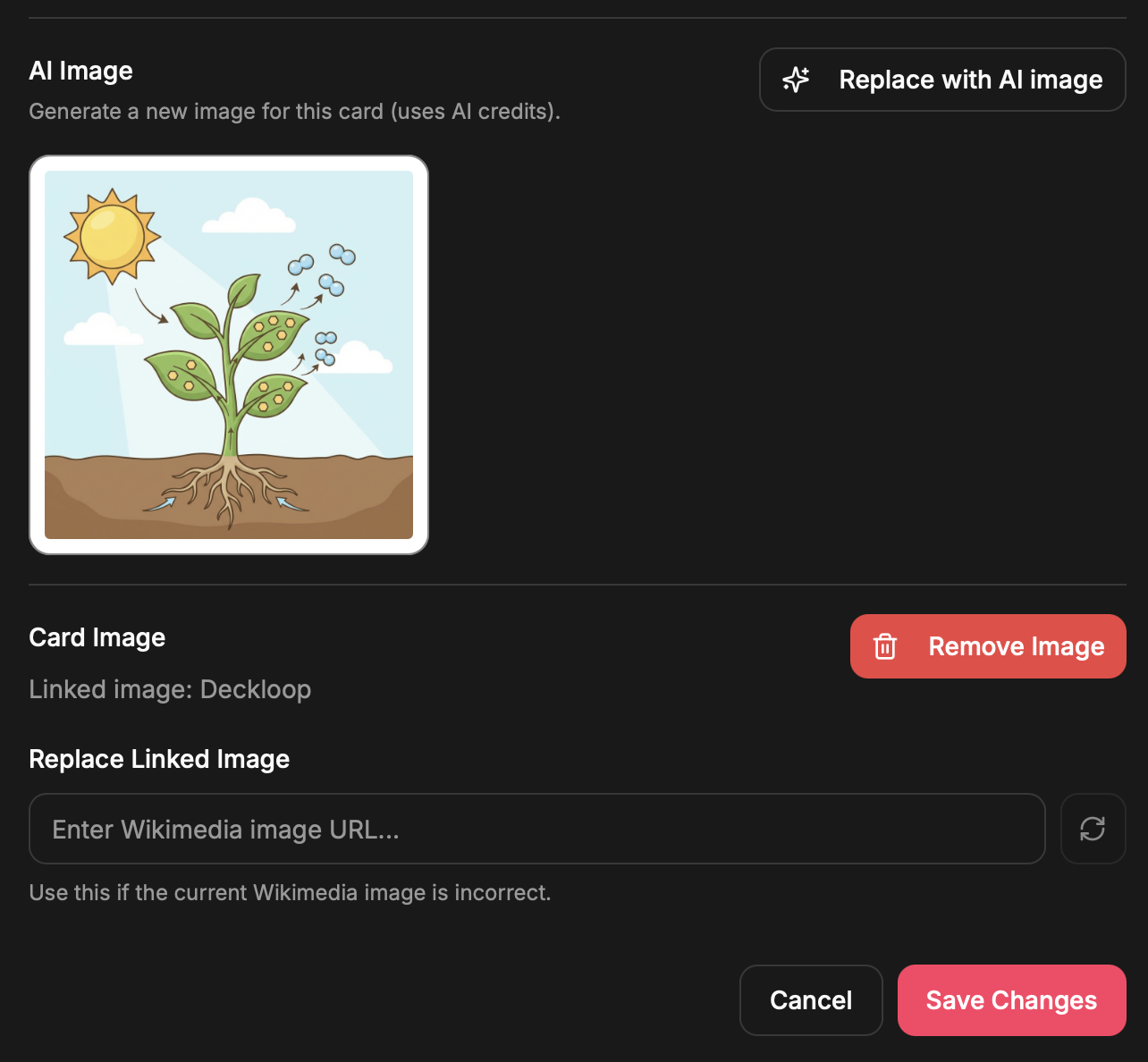 AI image generator interface showing a generated educational visual for a flashcard
