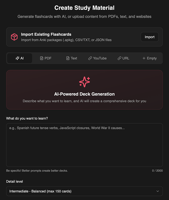 Create Study Material interface showing AI, PDF, Text, YouTube and URL input options
