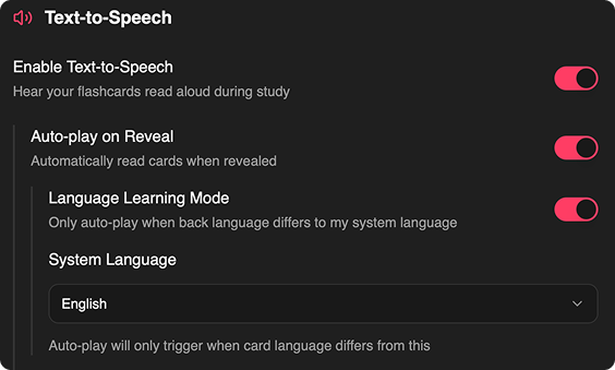 Text-to-Speech settings showing Enable TTS, Auto-play on Reveal, and Language Learning Mode options