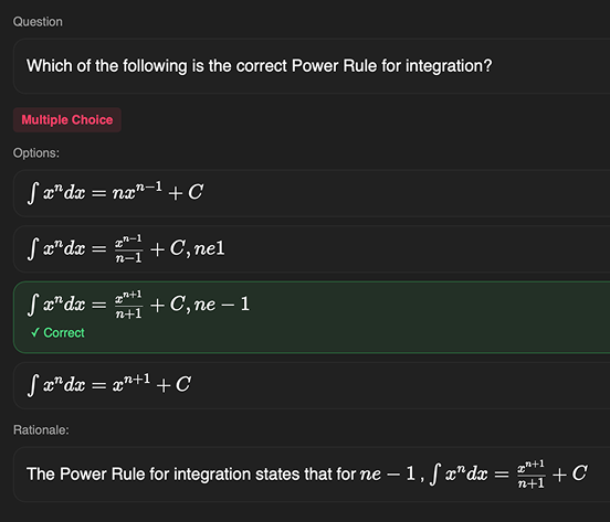 LaTeX math support showing integration formulas and multiple choice questions