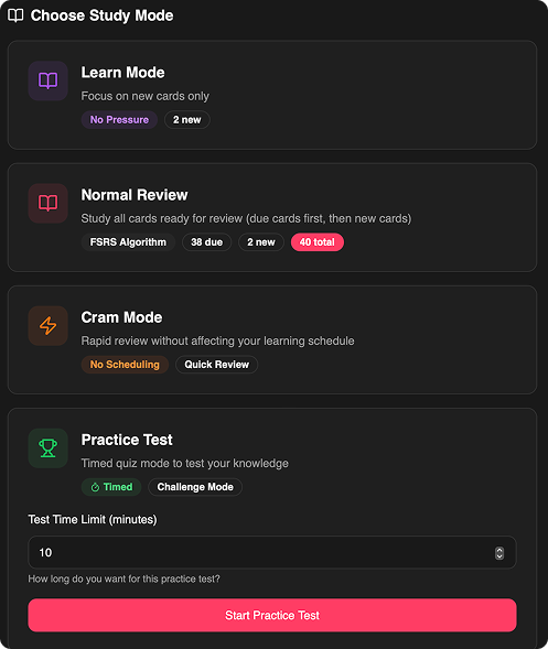Choose Study Mode interface showing Learn, Normal Review, Cram and Practice Test modes