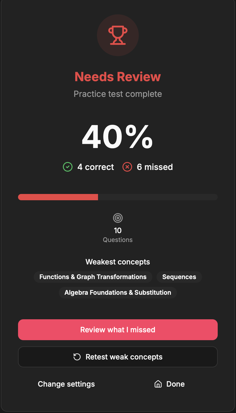 Practice test results screen showing a review what I missed action and weak concepts to retest