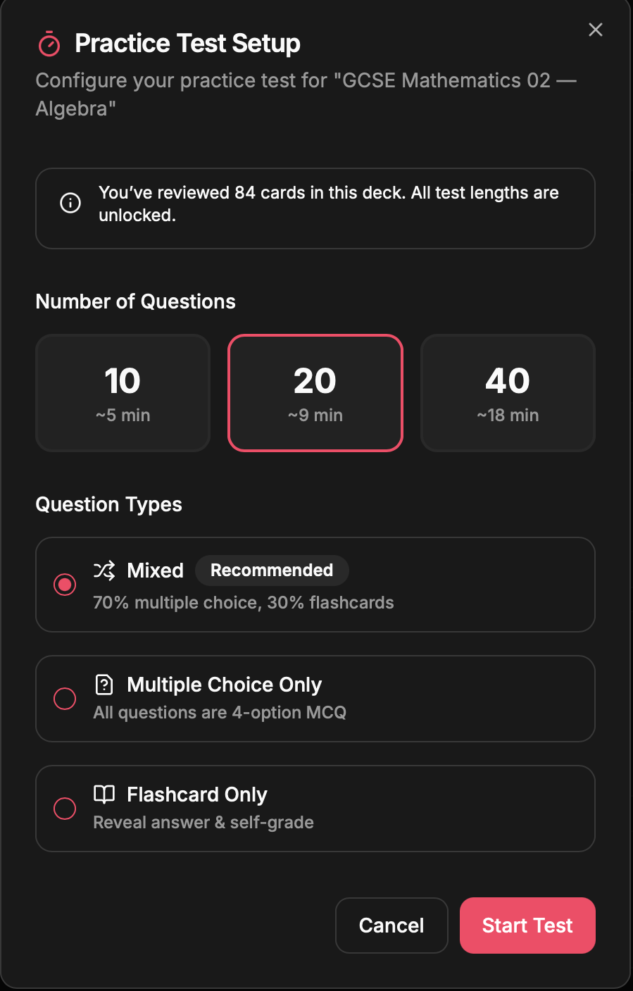 Practice test setup modal showing reviewed-cards-only eligibility, question count options, and mode selection
