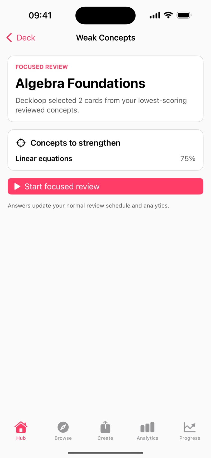 Native Weak Concepts screen with a focused review action