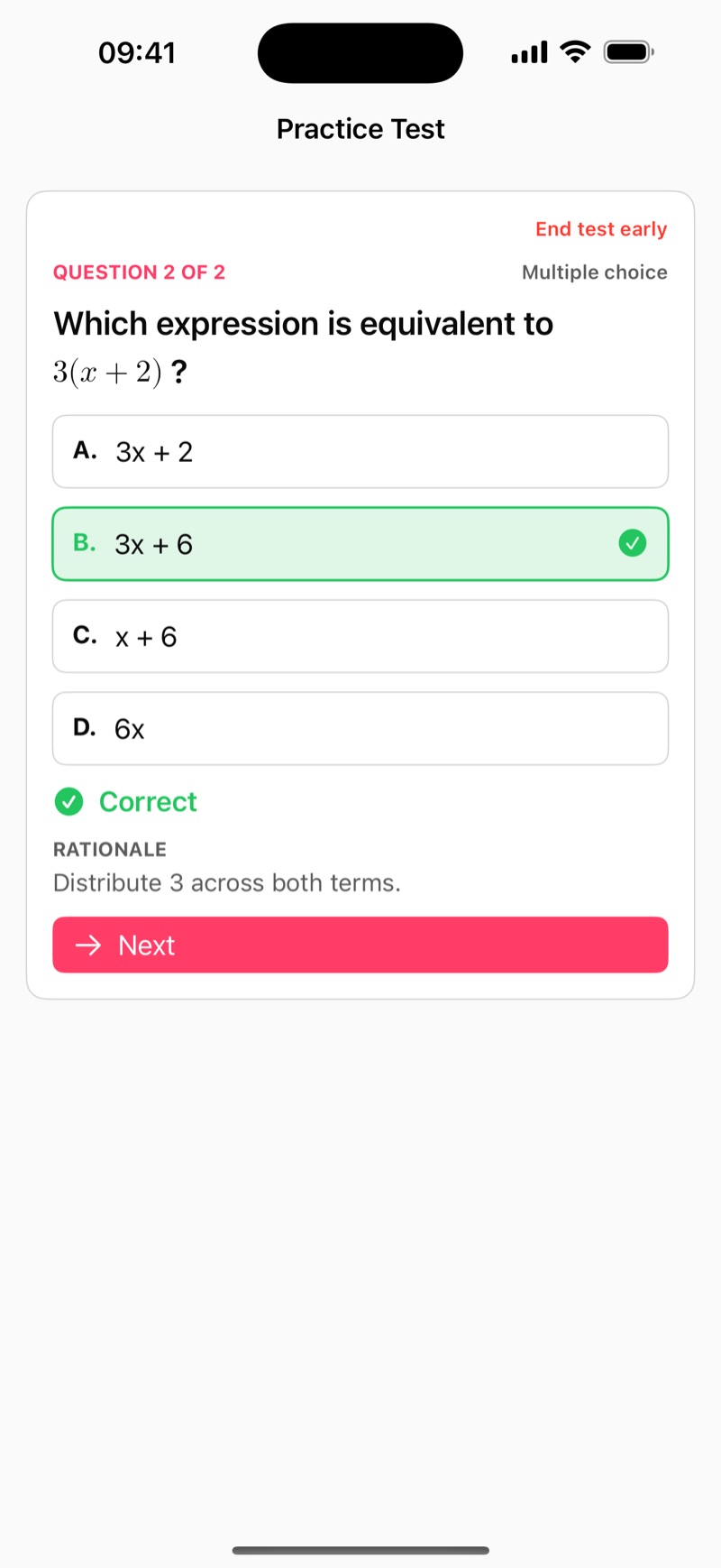 Native practice test showing a correct answer and its explanation