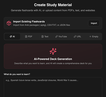 Create Study Material interface showing AI-powered deck generation