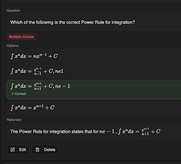 Review interface showing multiple choice question with LaTeX equations